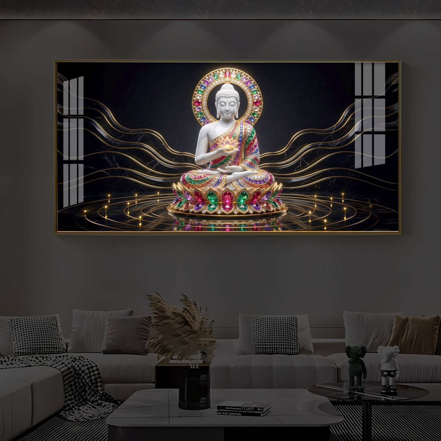 White Buddha Statue Modern Luxury Backlight Horizontal Wall Art