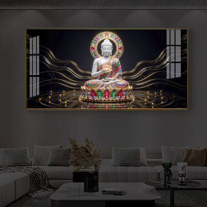 White Buddha Statue Modern Luxury Backlight Horizontal Wall Art