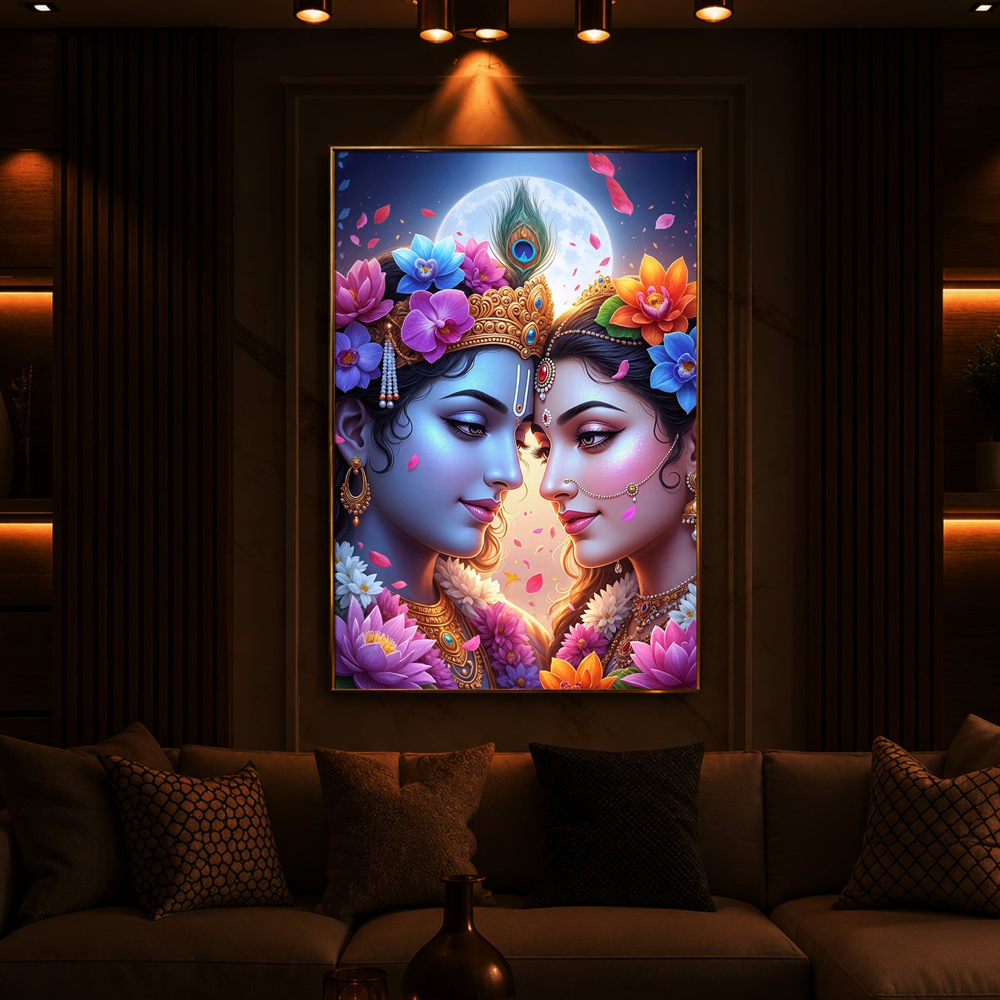 Loving Shri Radha Krishna Modern Luxury Backlight Vertical Wall Art