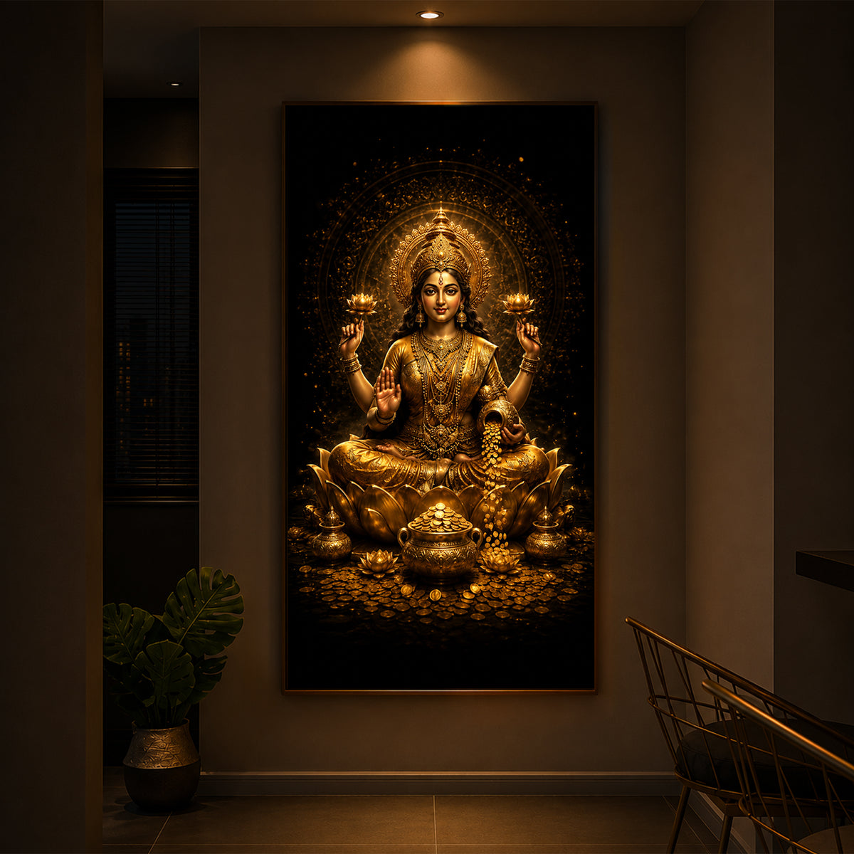 Divine Goddess Laxmi Golden Lotus Modern Luxury Backlight Vertical Wall Art