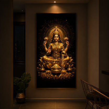 Divine Goddess Laxmi Golden Lotus Modern Luxury Backlight Vertical Wall Art