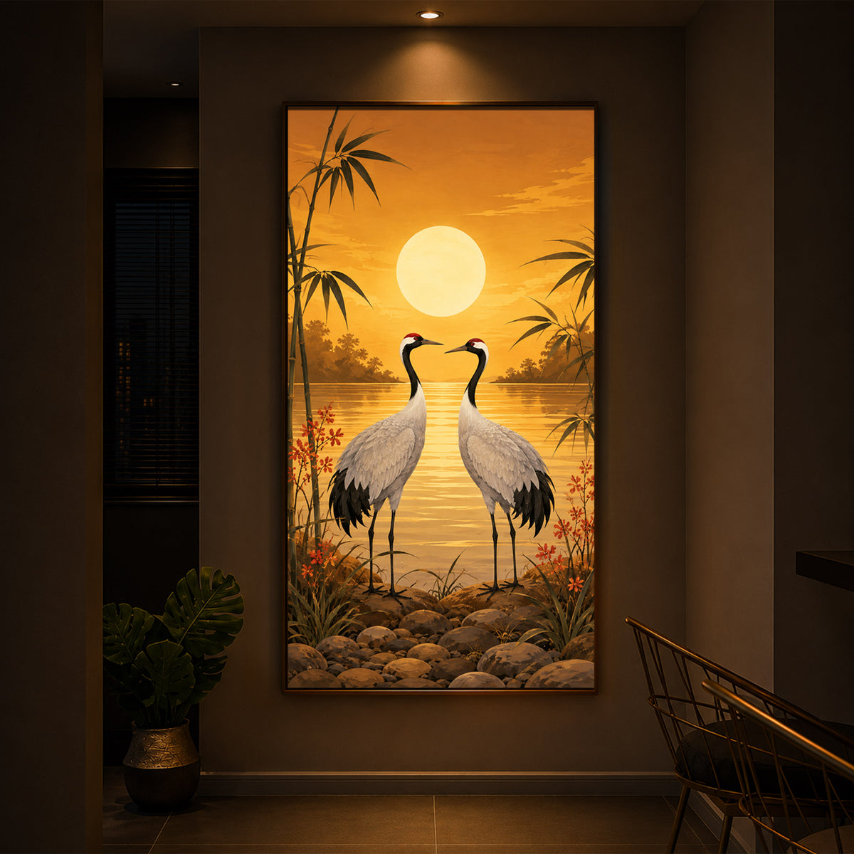 Sunset Crane Pair Modern Luxury Backlight Vertical Wall Art