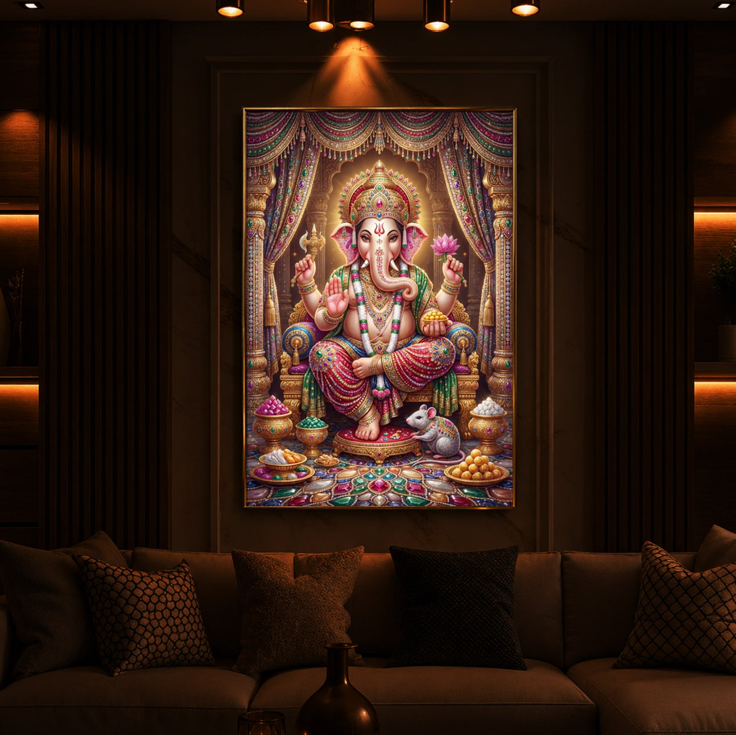 Shree Ganesh Darbar Modern Luxury Backlight Vertical Wall Art