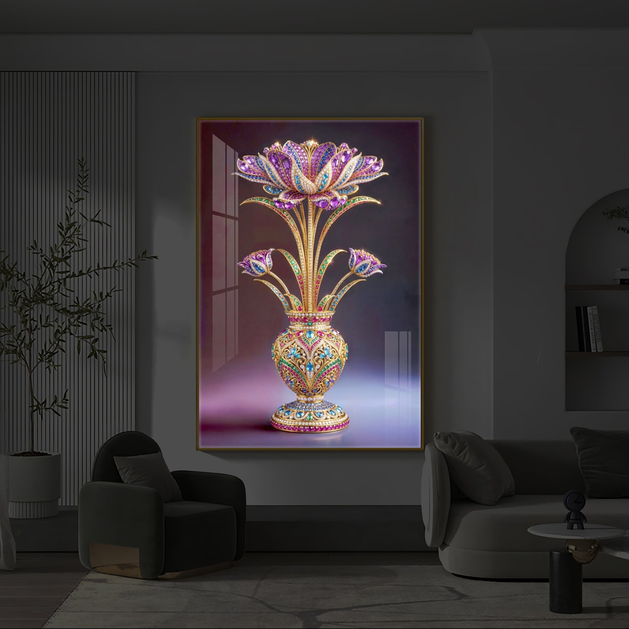 Detailed Decorative Vase Modern Luxury Backlight Vertical Wall Art