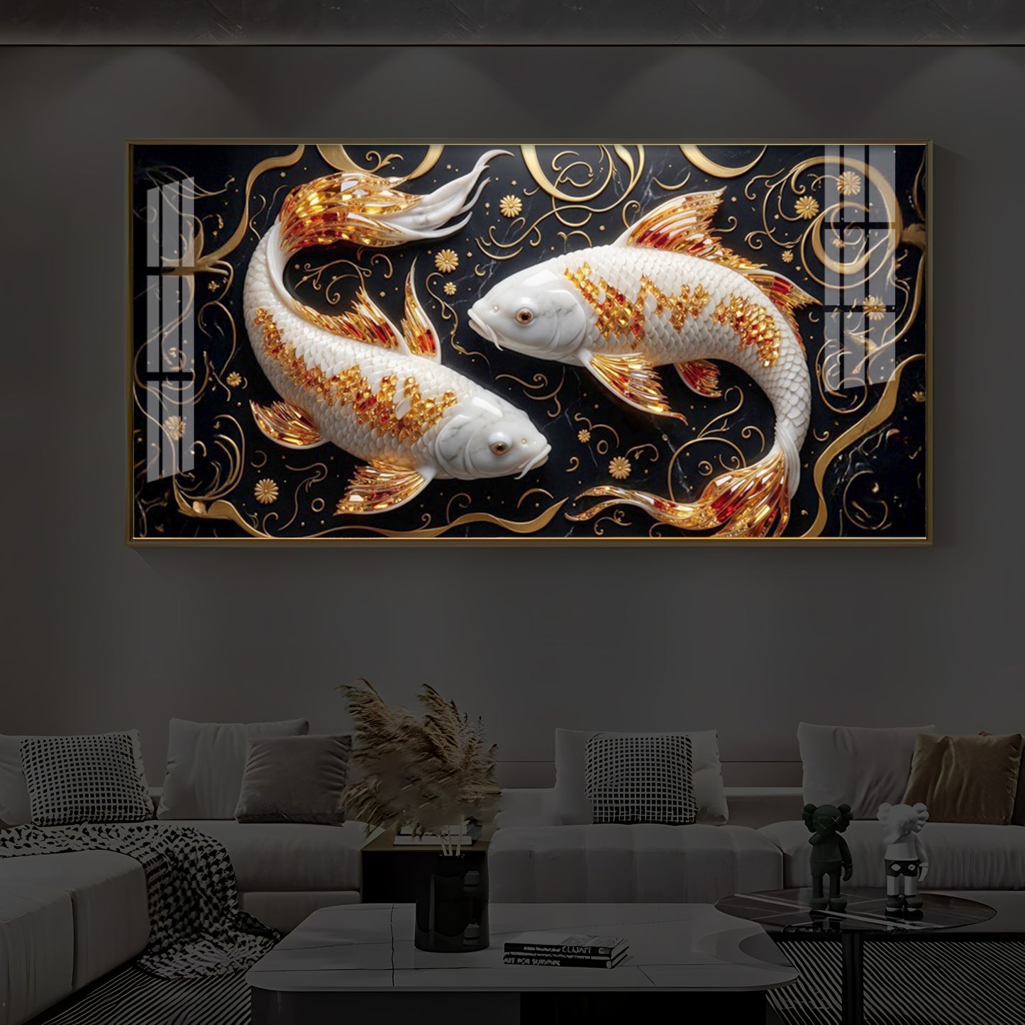 Two Golden Koi Fish Modern Luxury Backlight Horizontal Wall Art