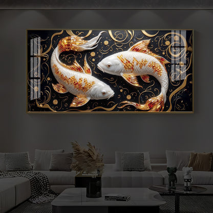 Two Golden Koi Fish Modern Luxury Backlight Horizontal Wall Art