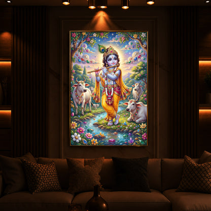 Little Kanha With Cow Modern Luxury Backlight Vertical Wall Art