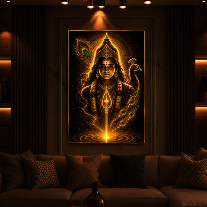 Divine Murugan With Peacock Modern Luxury Backlight Vertical Wall Art