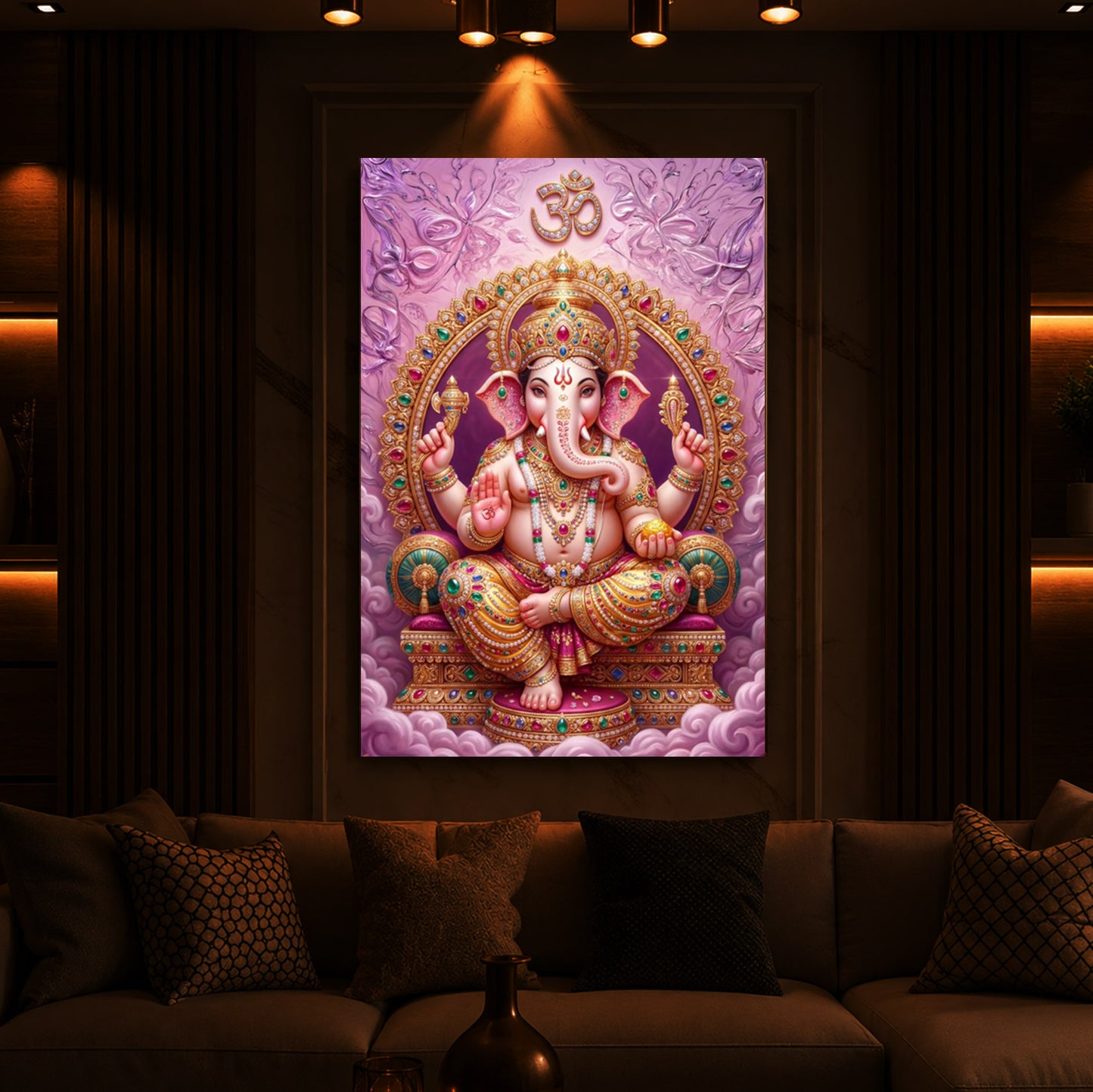 Vakratunda Mahakaya Ganesh Ji Modern Luxury Backlight Vertical Wall Art