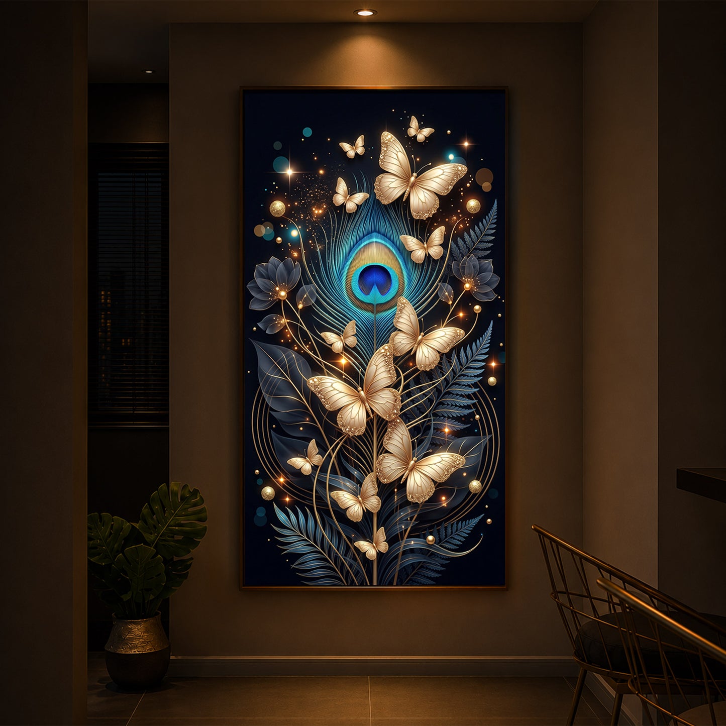 Golden Butterflies & Peacock Feather Modern Luxury Backlight Vertical Wall Art