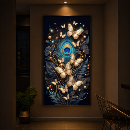 Golden Butterflies & Peacock Feather Modern Luxury Backlight Vertical Wall Art