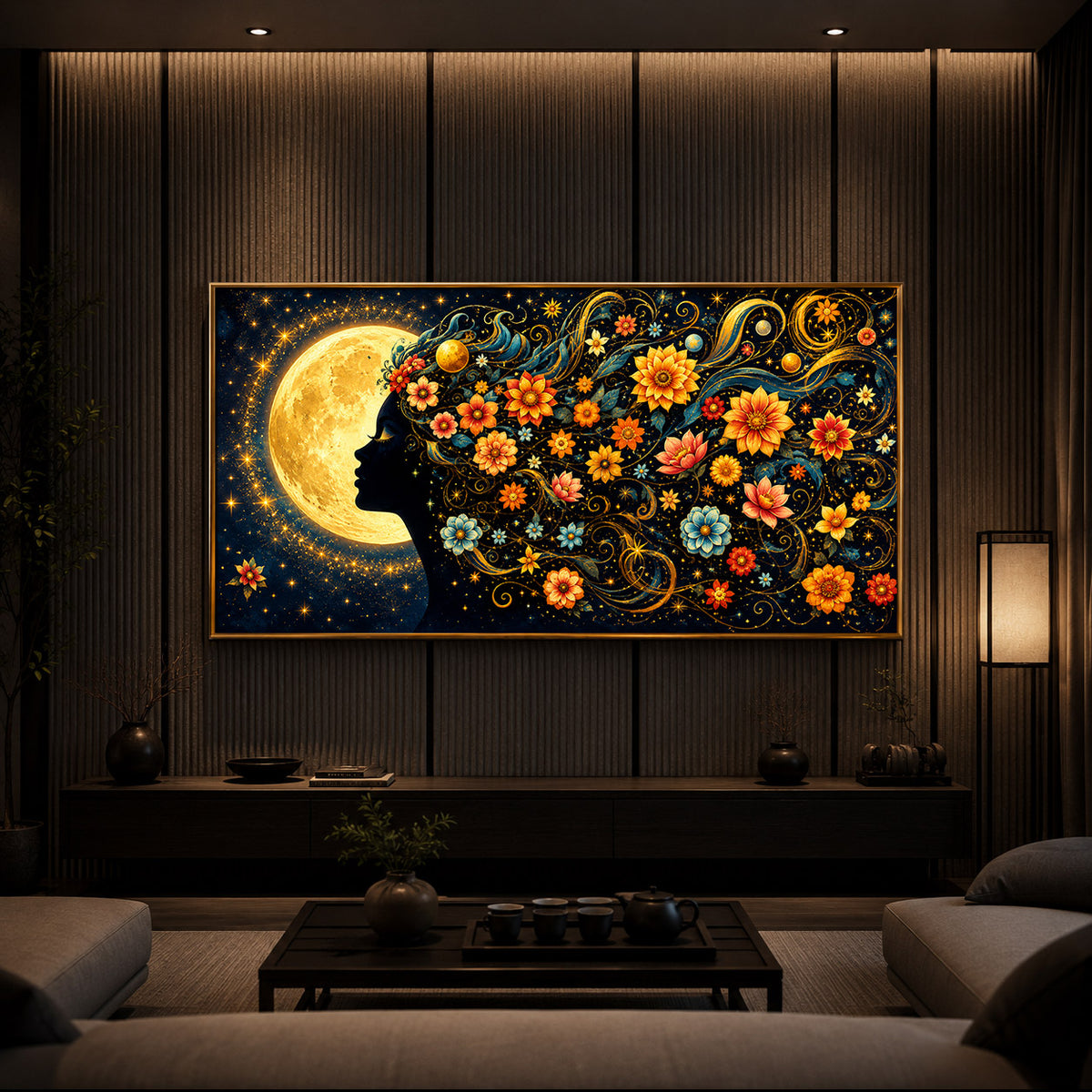 Dreamy Moon Girl Modern Luxury Backlight Horizontal Wall Art