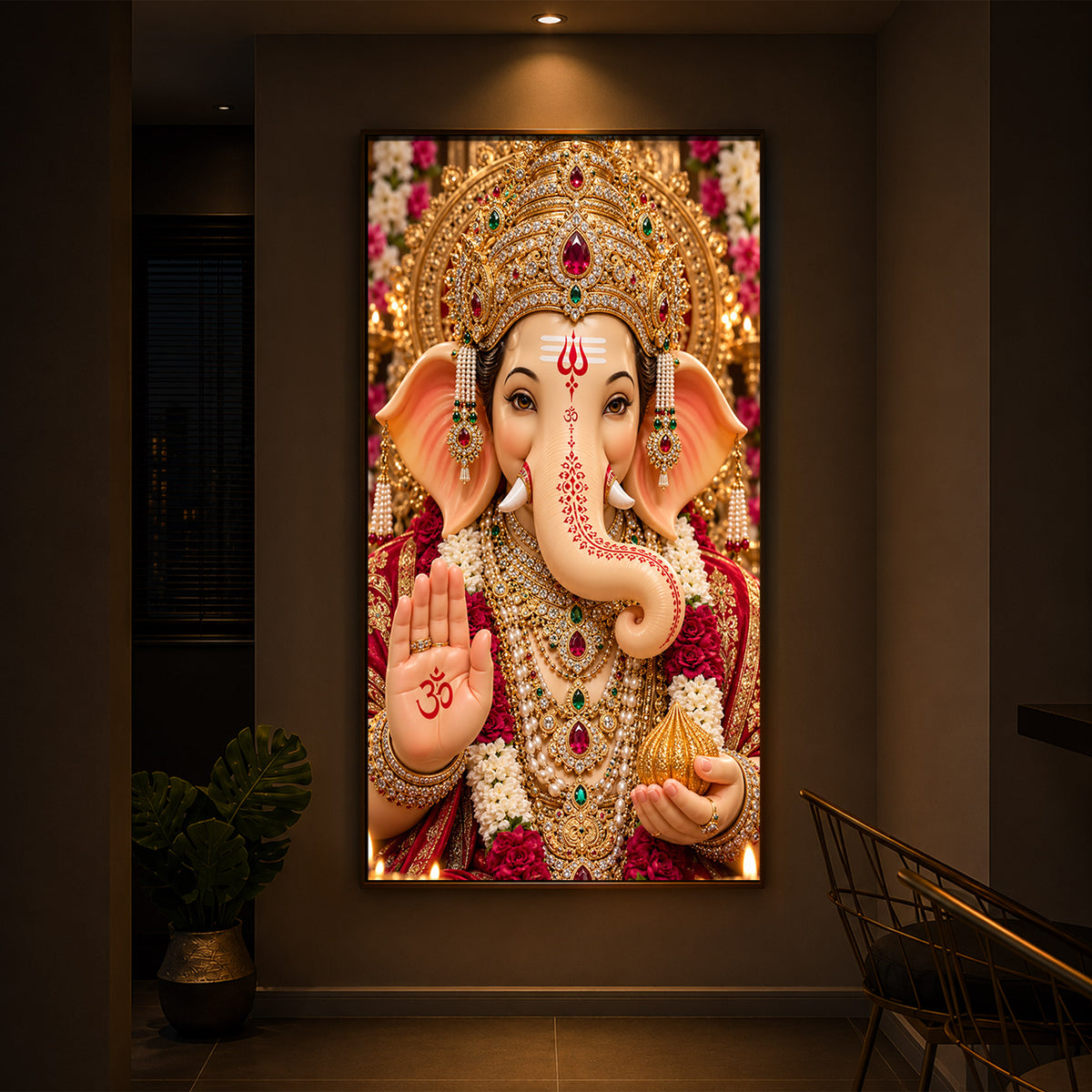 Lord Ganesha Divine Blessings Modern Luxury Backlight Vertical Wall Art