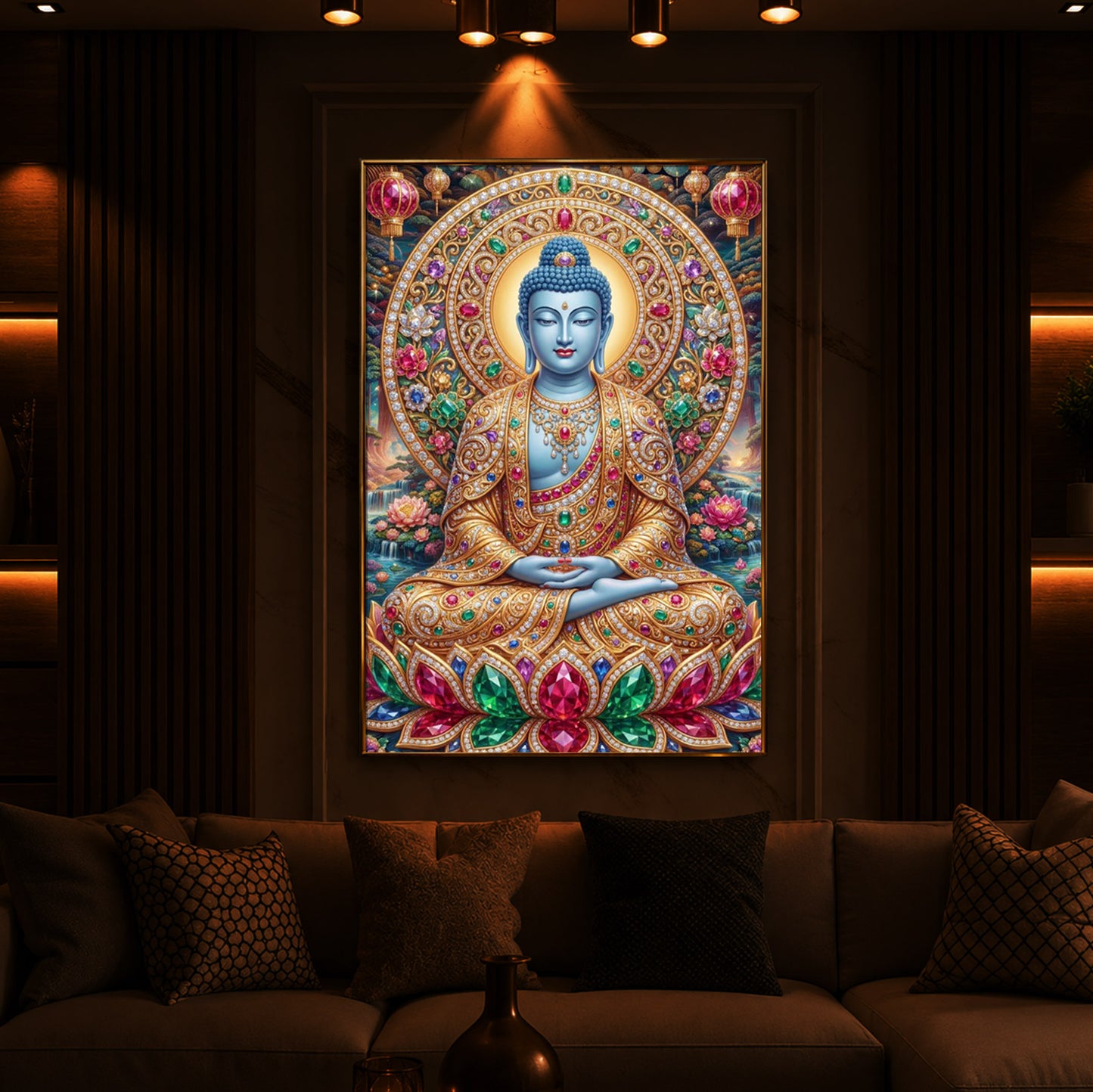 Buddha Blessing Modern Luxury Backlight Vertical Wall Art