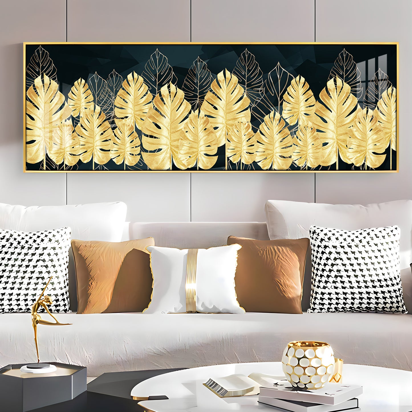 Golden Monstera Leaf Premium Acrylic Horizontal Wall Art