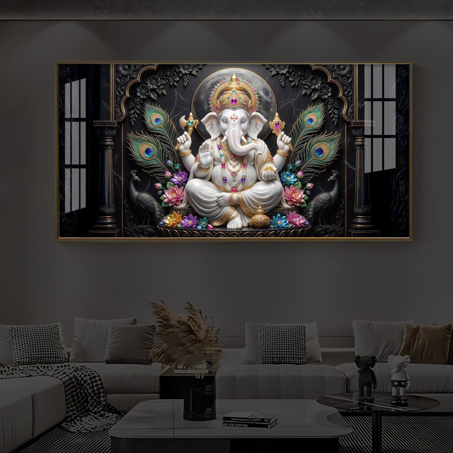 Lord Ganesha With Peacock Feather Modern Luxury Backlight Horizontal Wall Art
