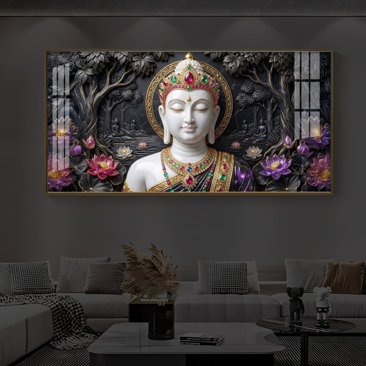 Lotus Serenity Lord Buddha Modern Luxury Backlight Horizontal Wall Art