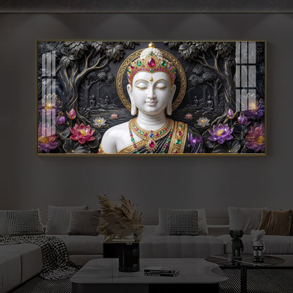 Lotus Serenity Lord Buddha Modern Luxury Backlight Horizontal Wall Art
