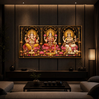 Goddess Lakshmi, Lord Ganesha and Goddess Saraswati Modern Luxury Backlight Horizontal Wall Art