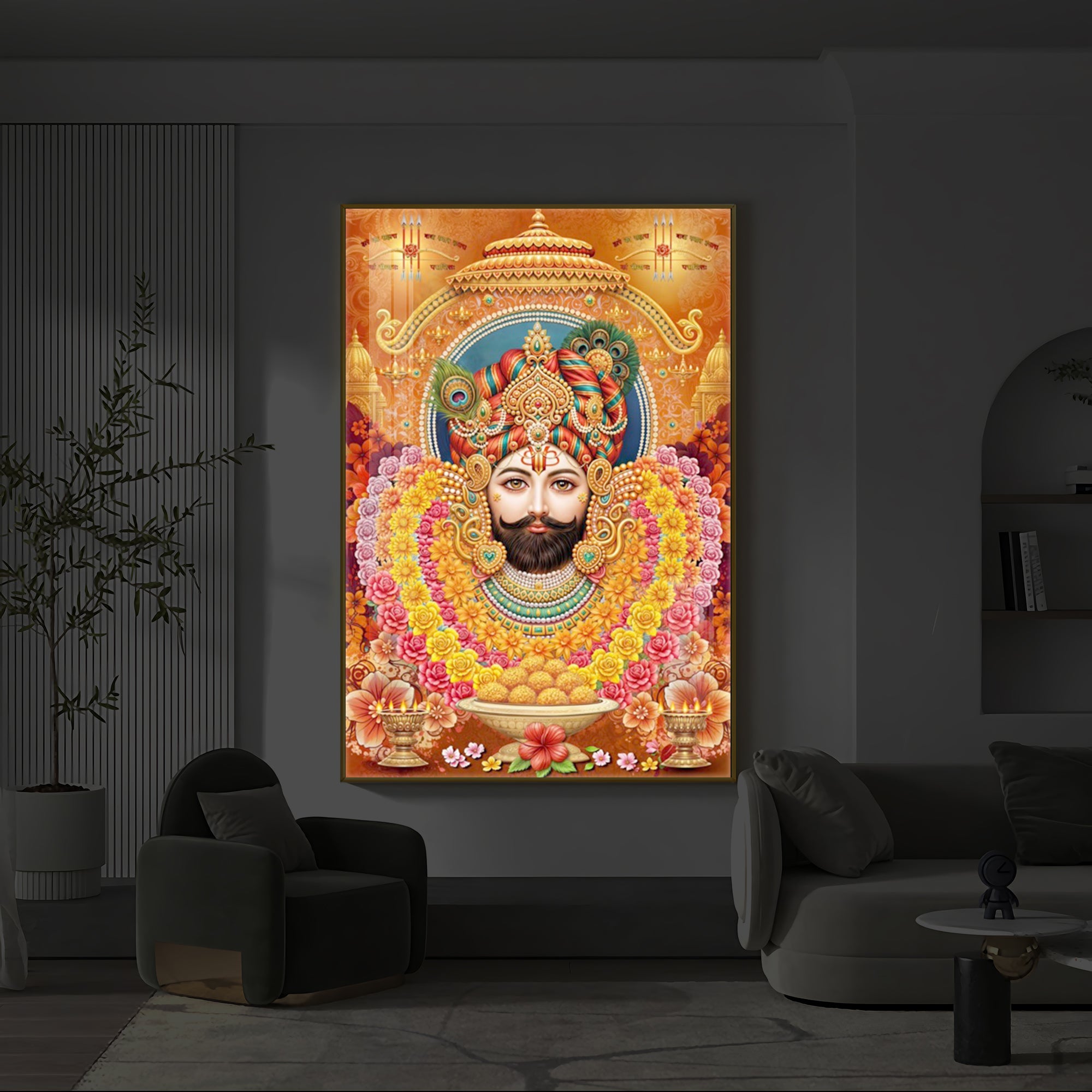 Hindu deity Khatu Shyam Ji Modern Luxury Backlight Vertical Wall Art