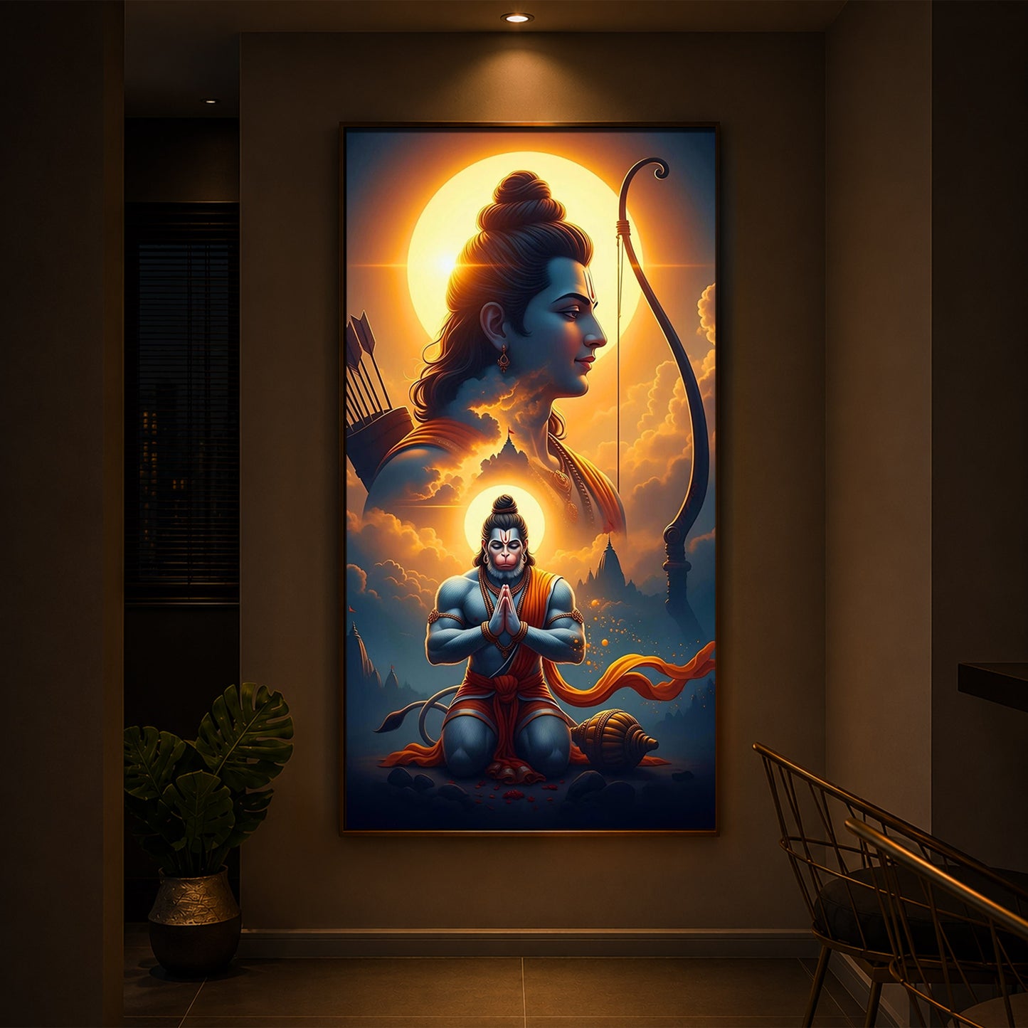 Ram and Hanuman Ji Modern Luxury Backlight Vertical Wall Art