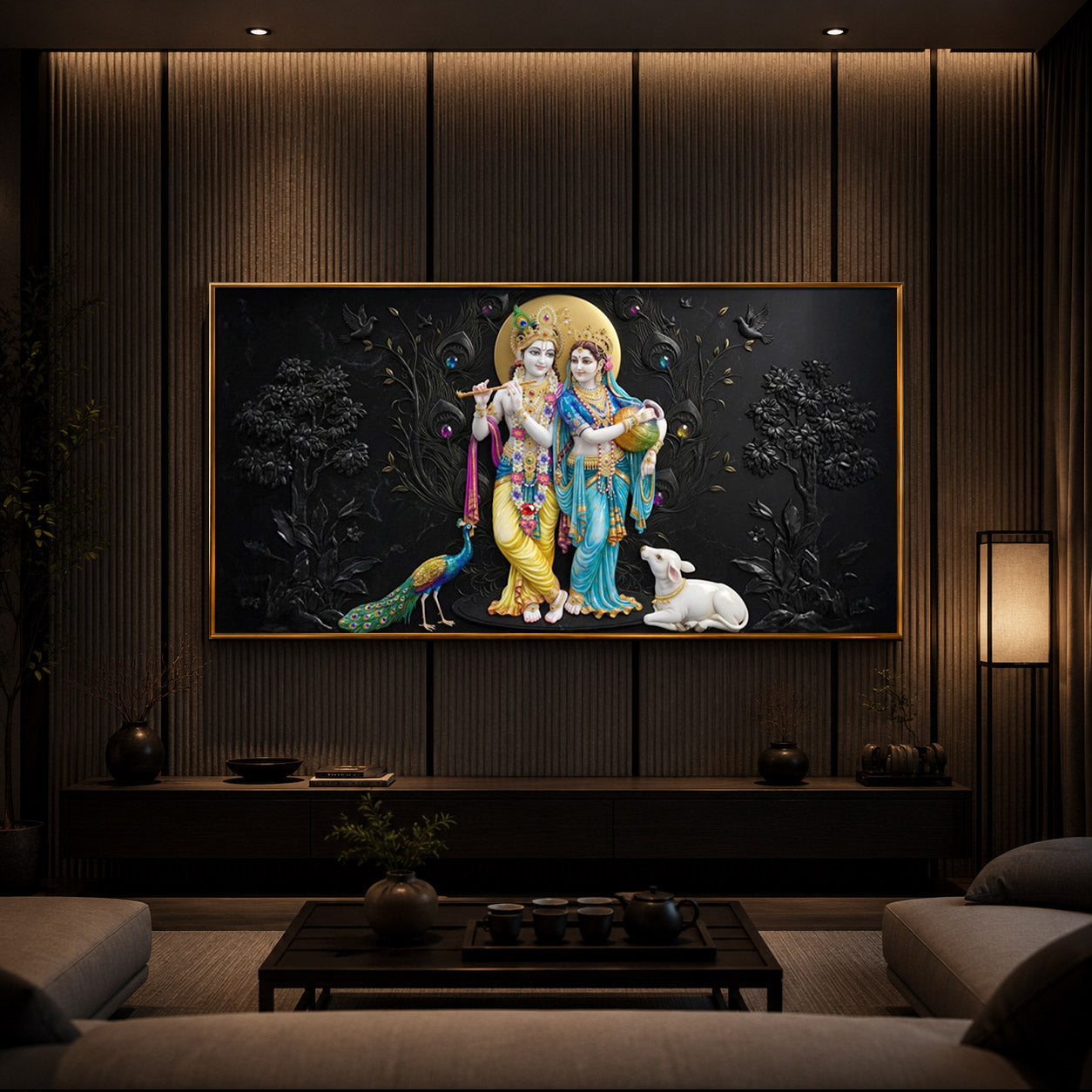 Depicting Radha Krishna Modern Luxury Backlight Horizontal Wall Art