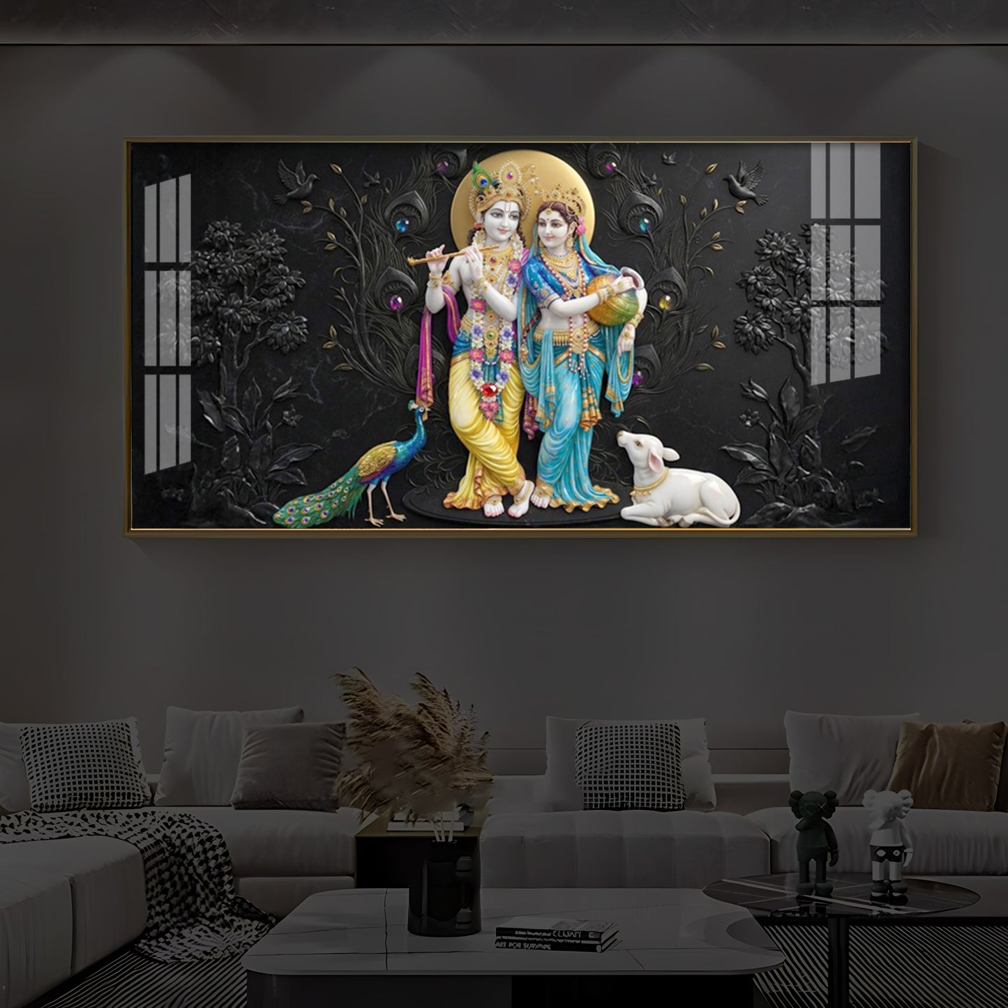 Depicting Radha Krishna Modern Luxury Backlight Horizontal Wall Art