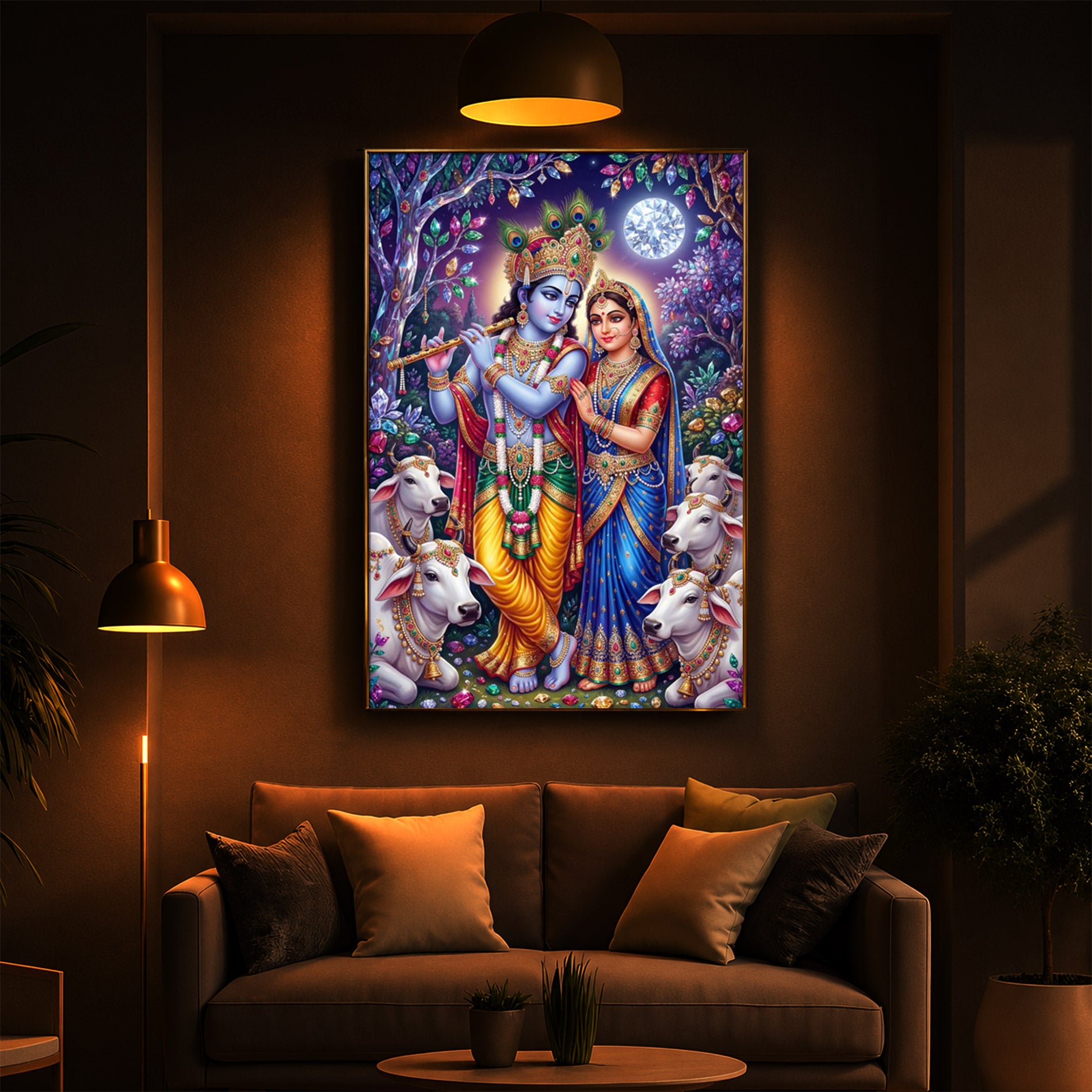 Lord Radha Krishna With Flute Modern Luxury Backlight Vertical Wall Art