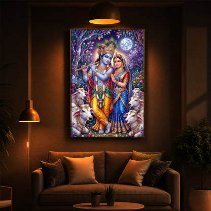 Lord Radha Krishna With Flute Modern Luxury Backlight Vertical Wall Art