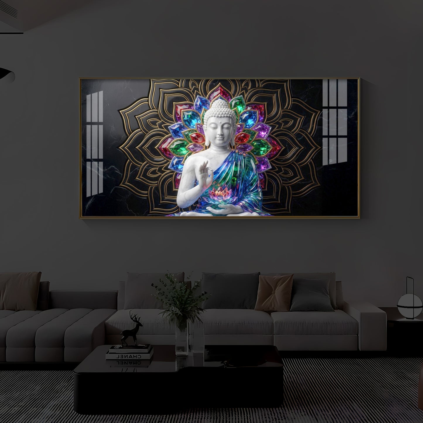Meditating Buddha Modern Luxury Backlight Horizontal Wall Art