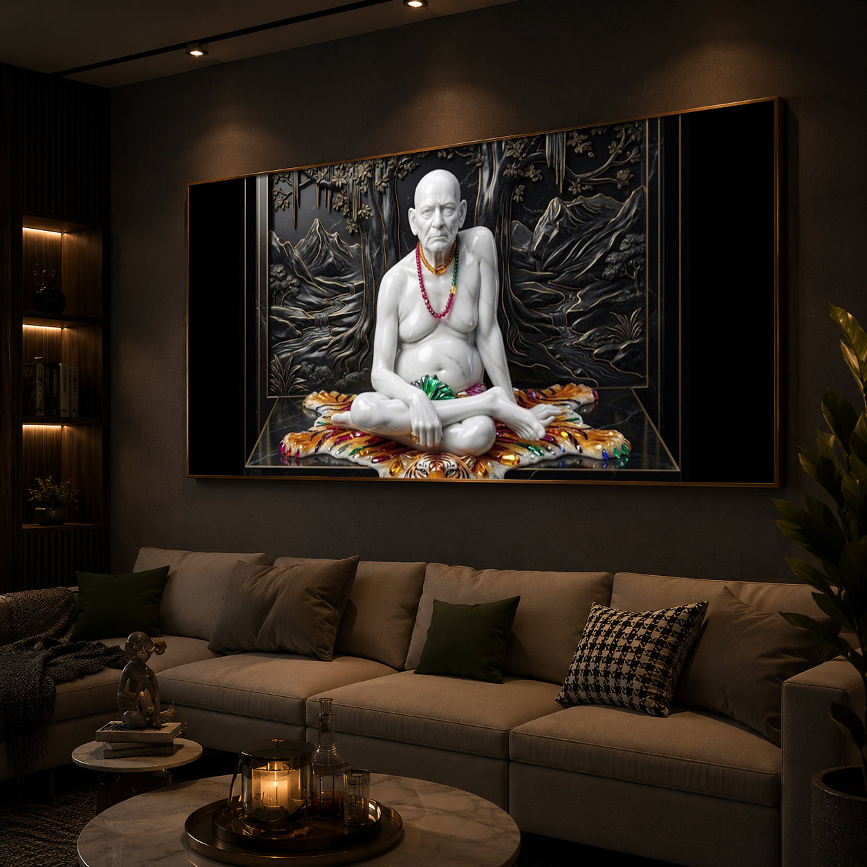 White Marble Swami Samarth Modern Luxury Backlight Horizontal Wall Art