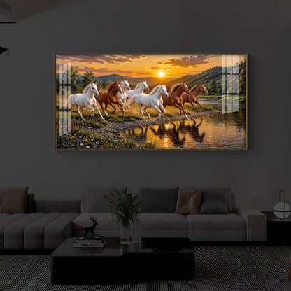 Seven Running Horses With Sunset Splash Modern Luxury Backlight Horizontal Wall Art