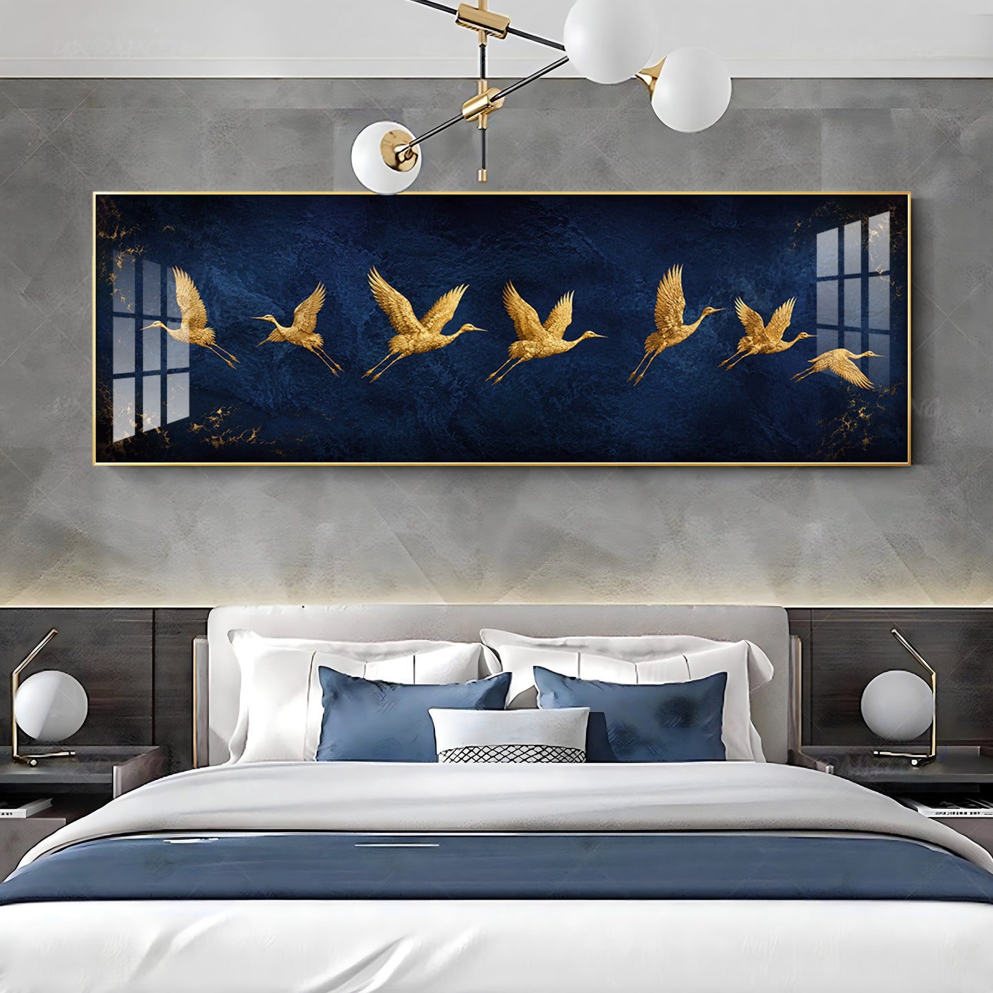 Golden Flying Cranes Dark Blue Premium Acrylic Horizontal Wall Art