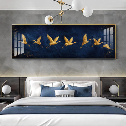 Golden Flying Cranes Dark Blue Premium Acrylic Horizontal Wall Art
