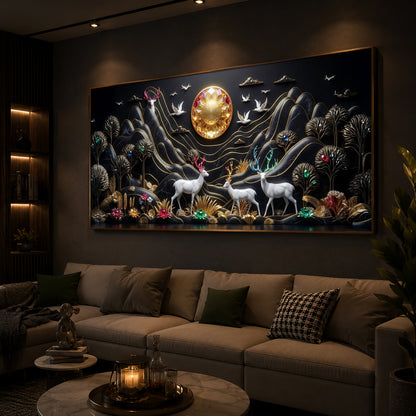 White Deer With Family Modern Luxury Backlight Horizontal Wall Art