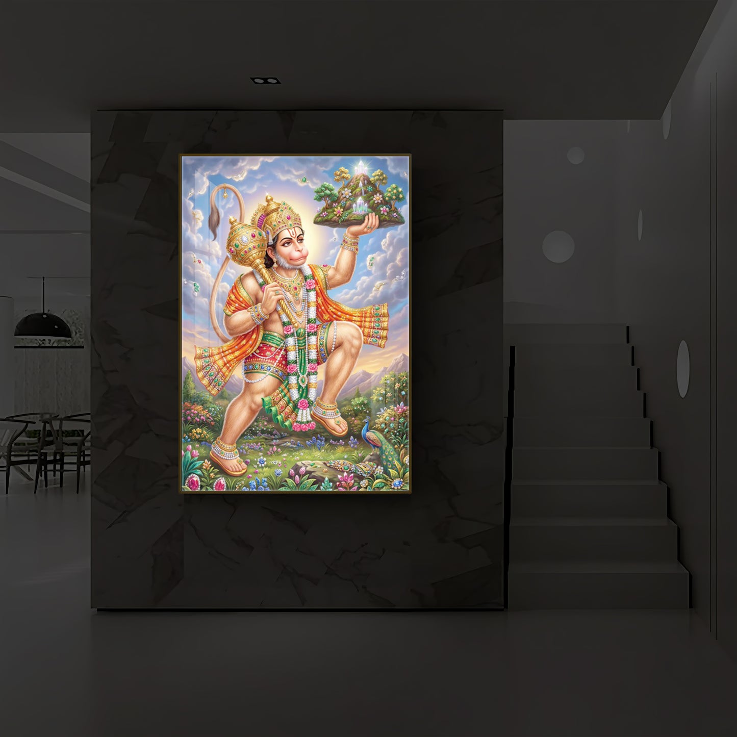 Lord Hanuman Carries The Mountain Modern Luxury Backlight Vertical Wall Art