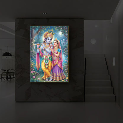 Hindu Deities Radha and Krishna Modern Luxury Backlight Vertical Wall Art