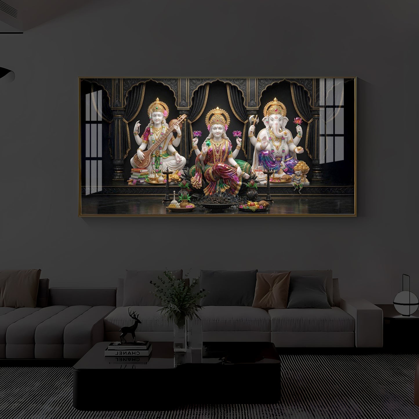 Saraswati,Lakshmi, & Lord Ganesha Modern Luxury Backlight Horizontal Wall Art