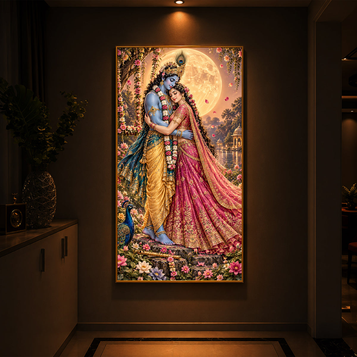 Divine Love of Krishna Radha Modern Luxury Backlight Vertical Wall Art