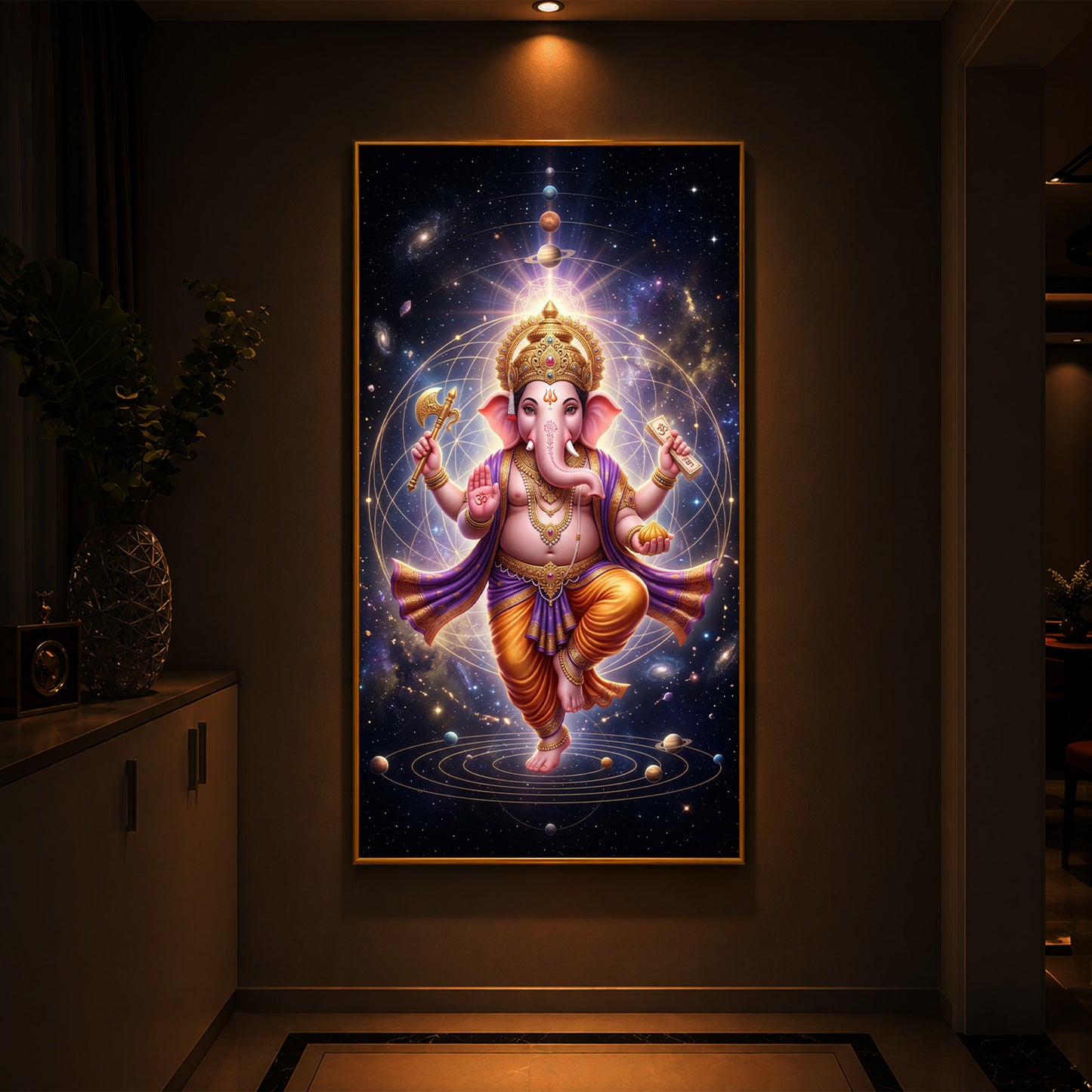 Shree Ganesha's Celestial Embrace Modern Luxury Backlight Vertical Wall Art