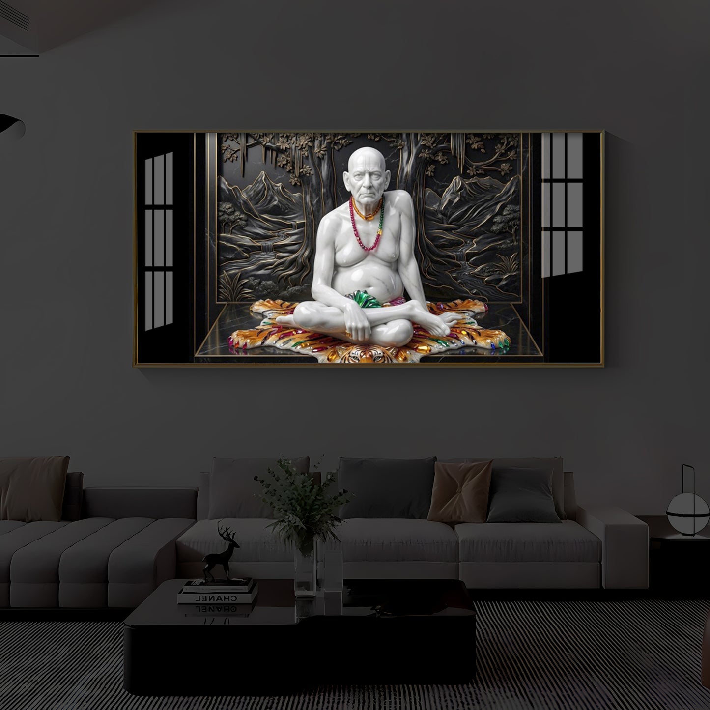 White Marble Swami Samarth Modern Luxury Backlight Horizontal Wall Art