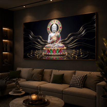 White Buddha Statue Modern Luxury Backlight Horizontal Wall Art