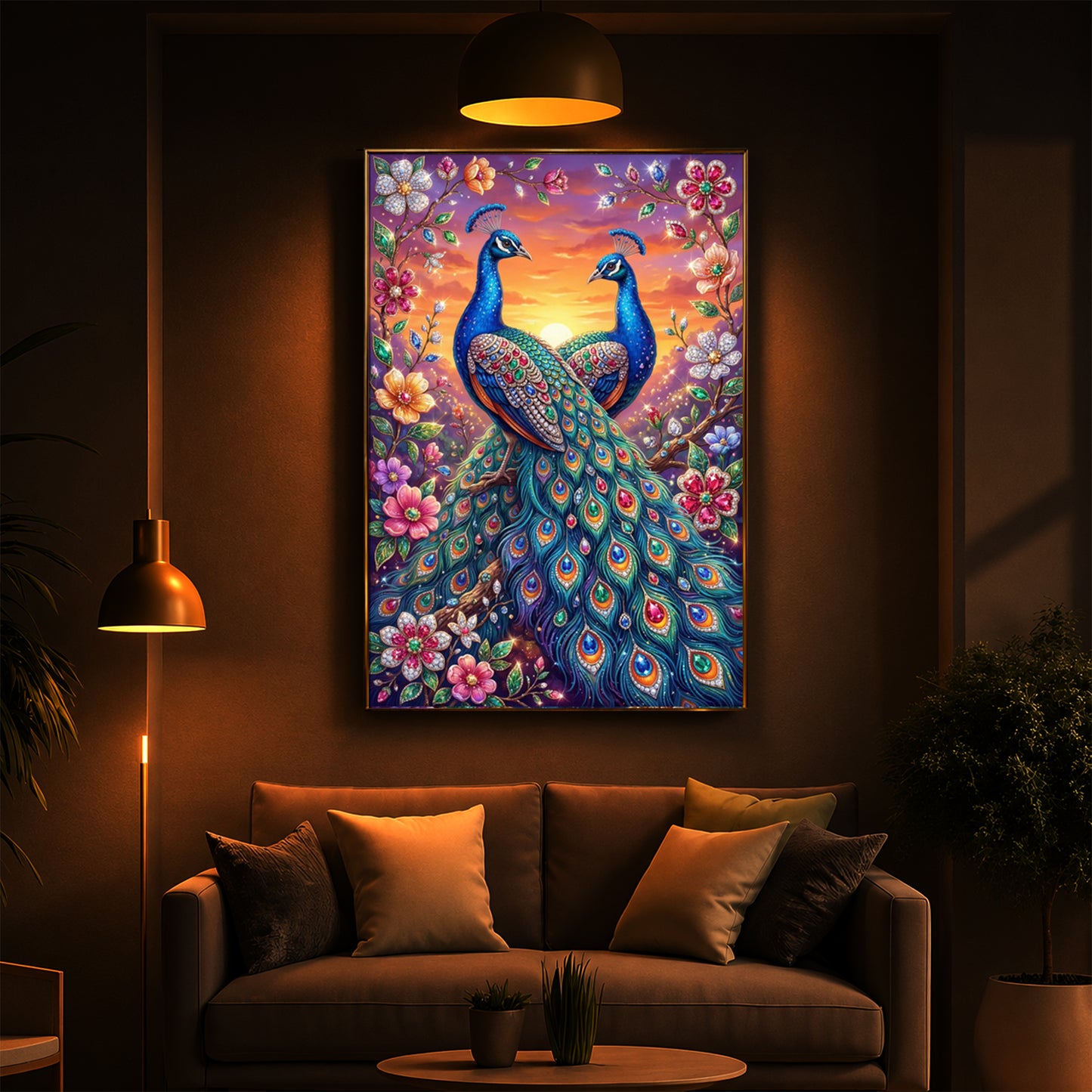 Majestic Pair Of Peacocks Modern Luxury Backlight Vertical Wall Art