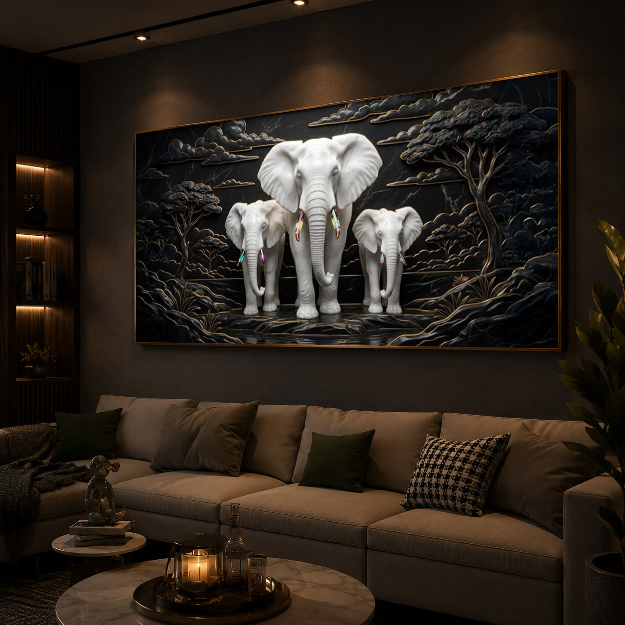 White Elephant Family Modern Luxury Backlight Horizontal Wall Art