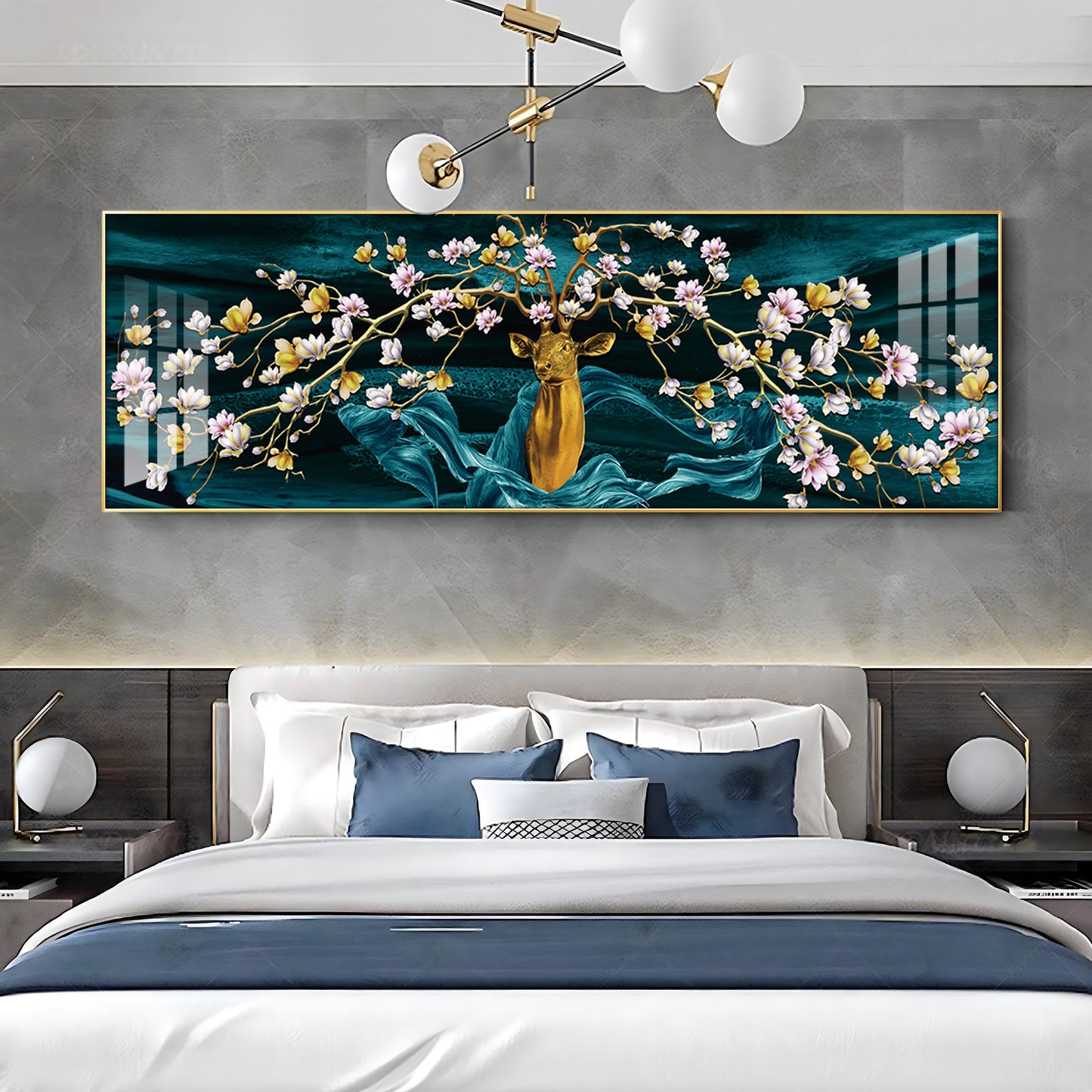Golden Deer With Flowering Premium Acrylic Horizontal Wall Art