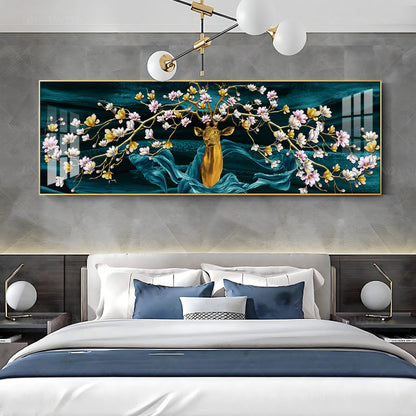 Golden Deer With Flowering Premium Acrylic Horizontal Wall Art