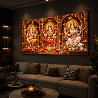 Maa Lakshmi, Lord Ganesha & Goddess Saraswati Modern Luxury Backlight Horizontal Wall Art
