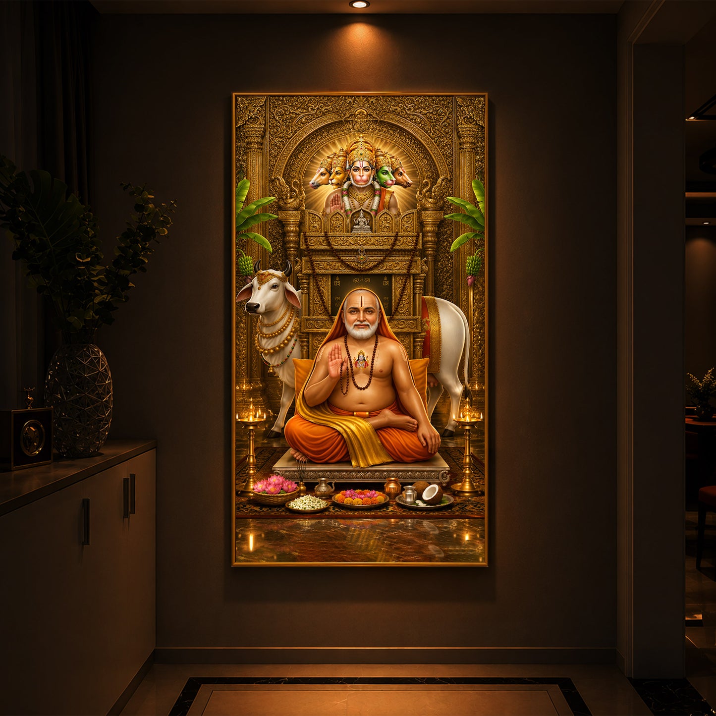 Sri Raghavendra Swamy With Cow Modern Luxury Backlight Vertical Wall Art