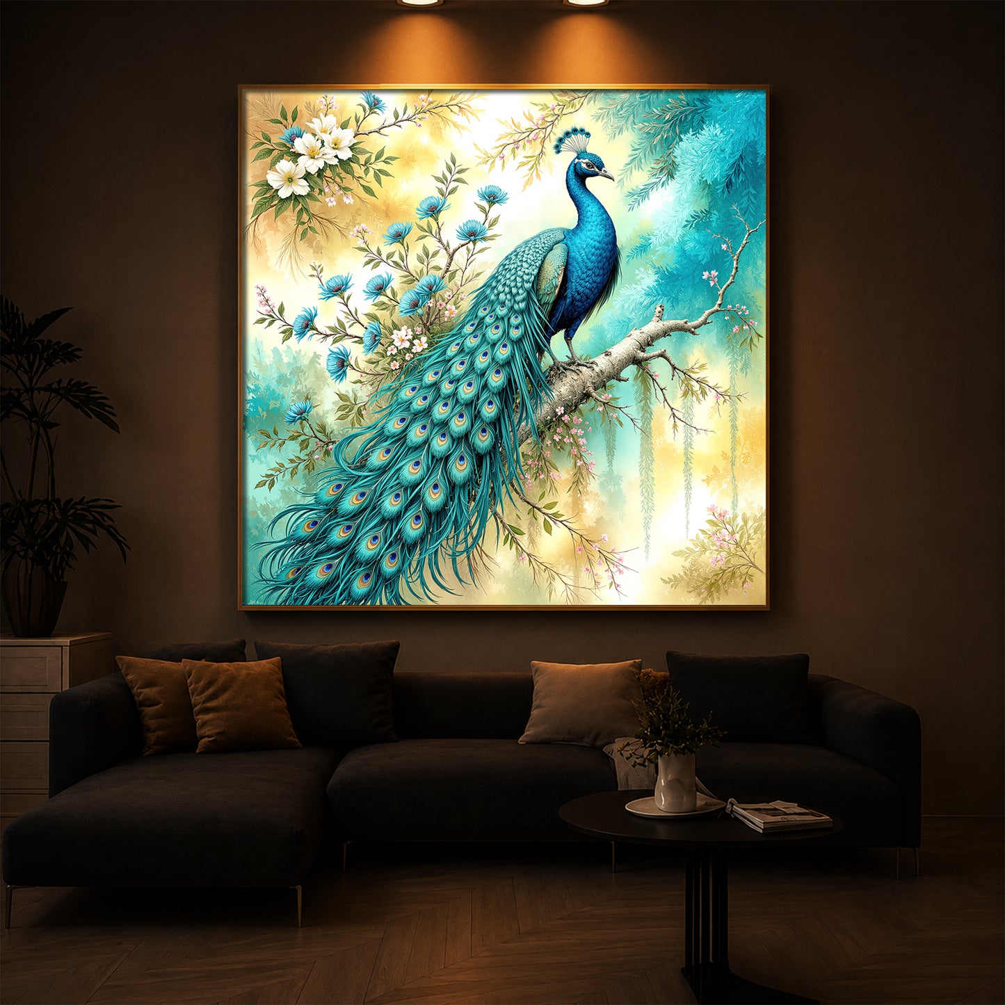 Peacock Perch Art Modern Luxury Backlight Square Wall Art