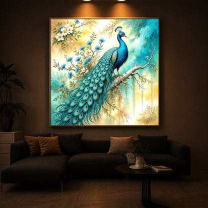 Peacock Perch Art Modern Luxury Backlight Square Wall Art